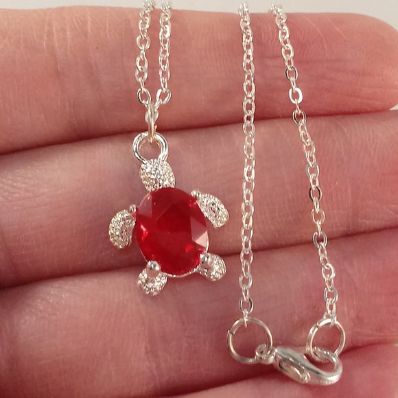 Silver Ruby Red Diamond Zircon Beaded Sea Turtle Pendant Necklace 2.54ctw 17" - Picture 3 of 5